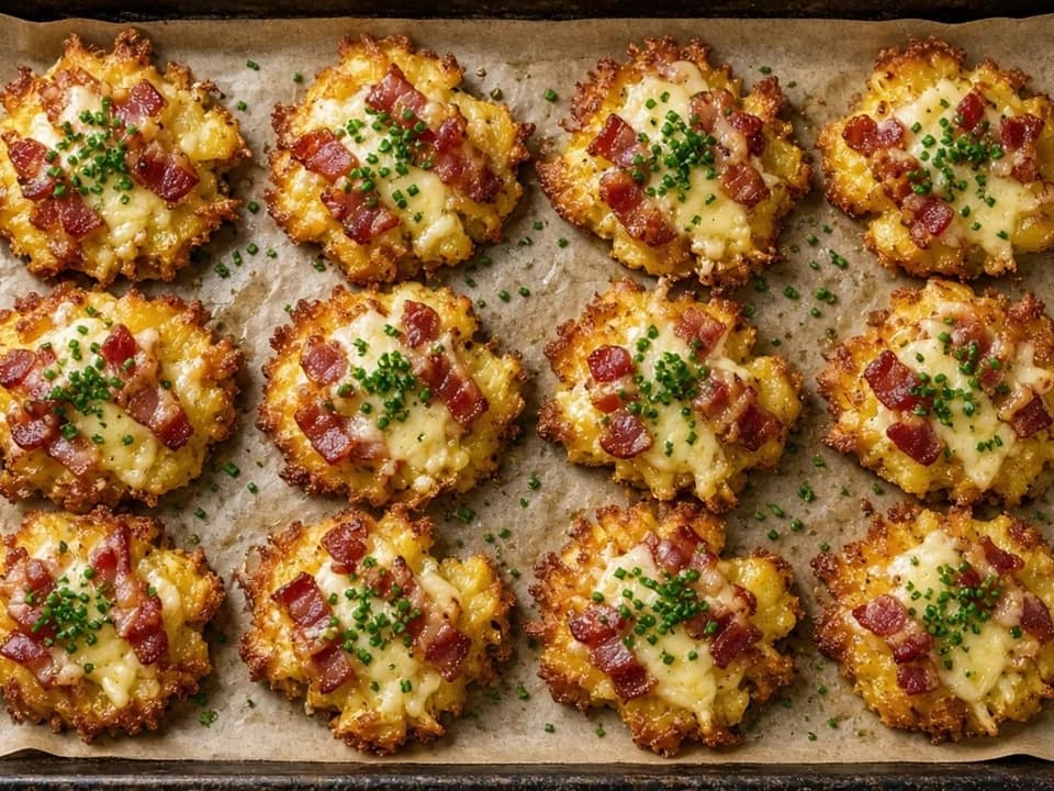 Croustillants de pommes de terre écrasées aux lardons et fromage