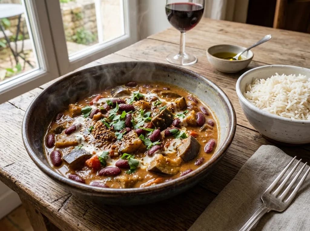 Curry doux d'aubergine et haricots rouges dans un bol, riz à côté — anti-gaspillage | iAssiette