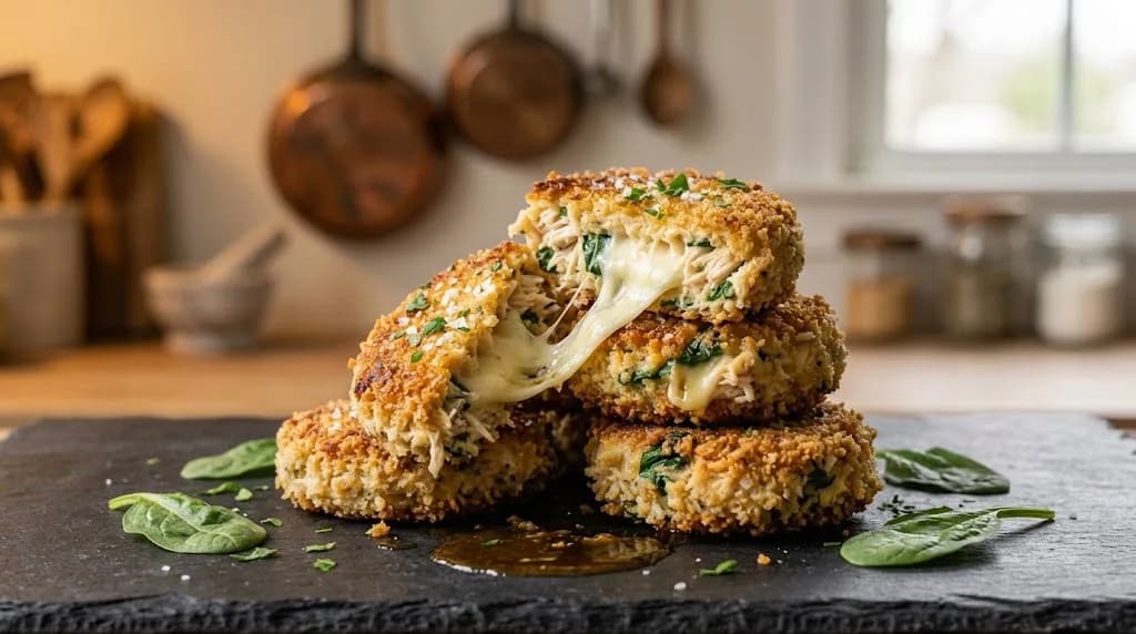 Galettes croustillantes de pain, poulet et fromage au cœur fondant
