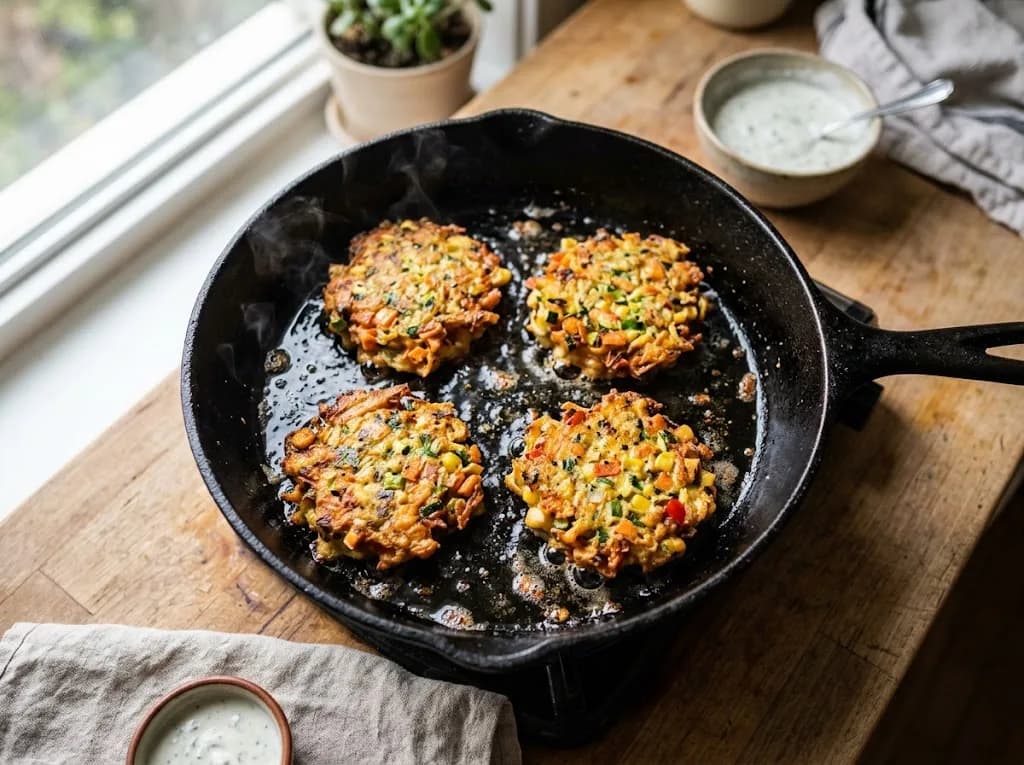 Galettes de légumes poêlées anti-gaspi, dorées dans une poêle en fonte — anti-gaspillage | iAssiette