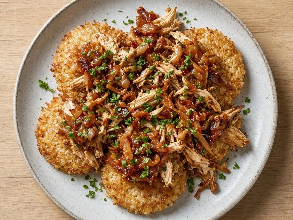 Galettes de riz au poulet rôti et compotée d'oignon-tomate