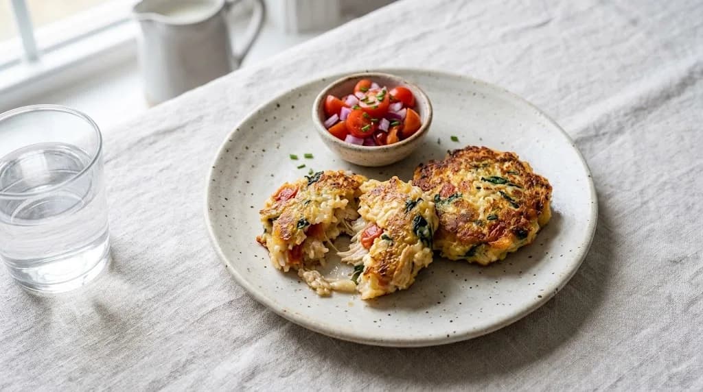 Galettes de riz et poulet à la tomate, une ouverte pour montrer le cœur