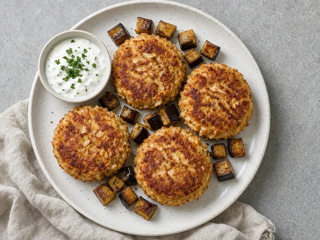 Galettes de riz et poulet aux aubergines rôties