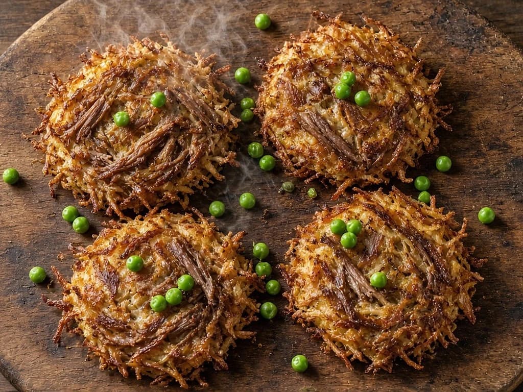 Galettes dorées de pommes de terre au bœuf et petits pois