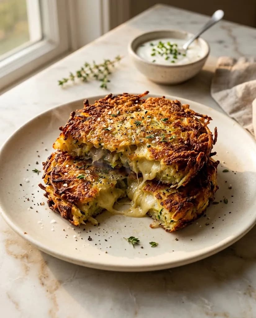Galettes dorées de pommes de terre et courgettes, cœur de fromage fondant