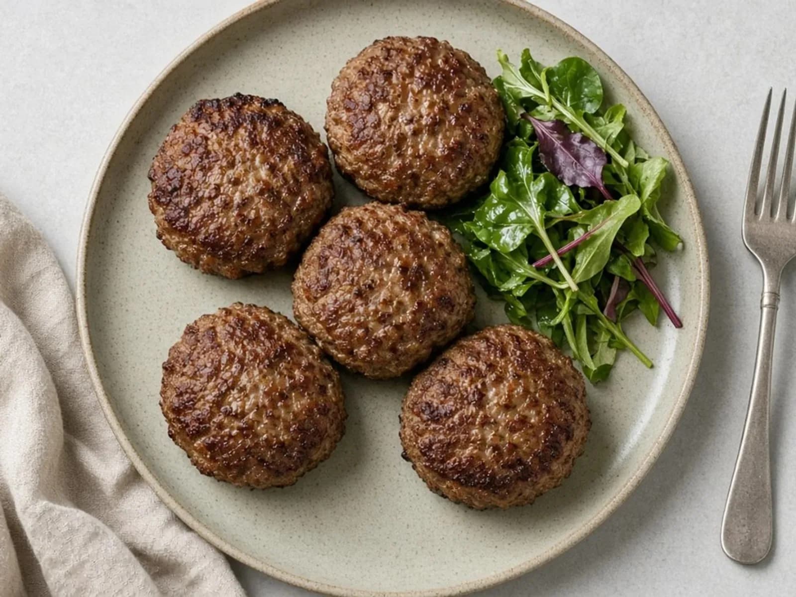 Galettes dorées de viande hachée au liant d'œuf en vue de dessus avec salade