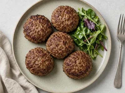 Galettes dorées de viande hachée au liant d'œuf en vue de dessus avec salade