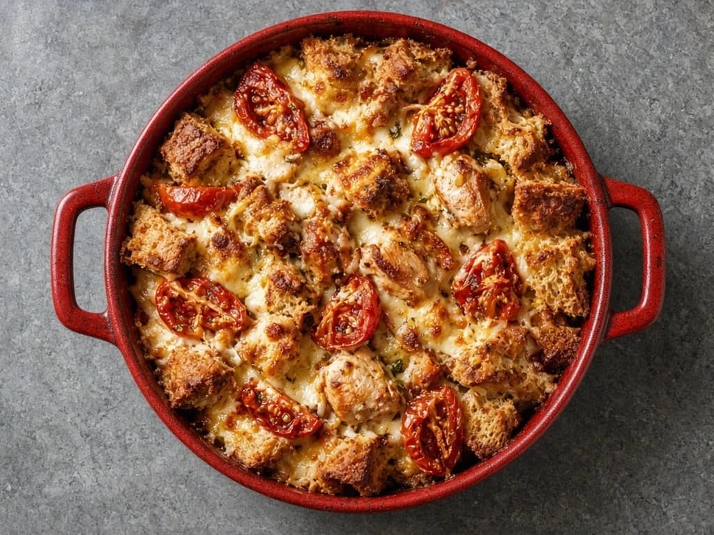 Gratin croustillant de pain aux tomates et poulet