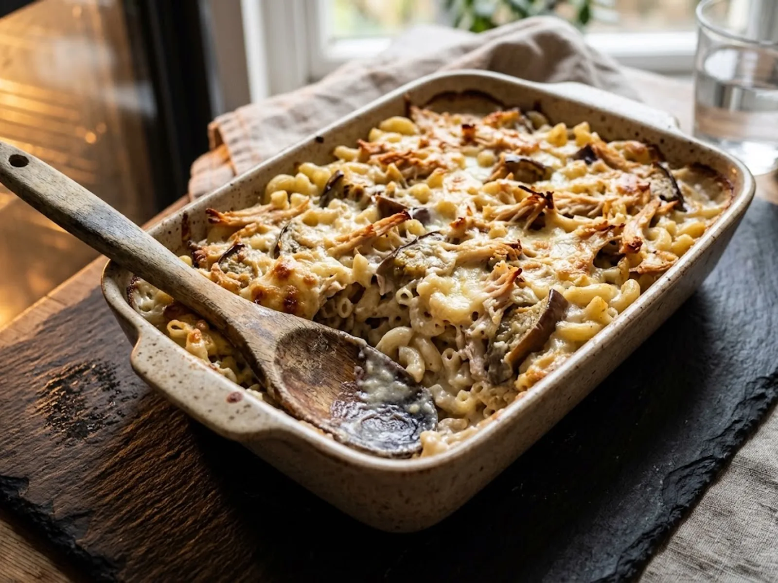 Photo de Gratin de coquillettes au poulet et aubergines fondantes