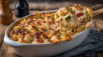 Gratin de pâtes aux courgettes et tomates, croûte de fromage