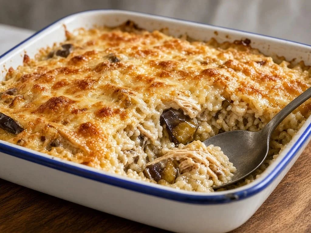 Gratin de riz et poulet effiloché à l'aubergine