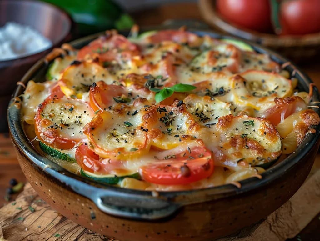 Recette Gratin doré de pâtes aux dés de tomates et courgette — anti-gaspillage | iAssiette