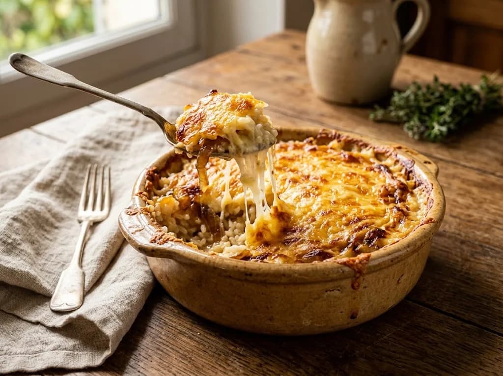 Gratin doré de riz aux oignons, cœur de fromage filant dans un plat en grès — anti-gaspillage | iAssiette