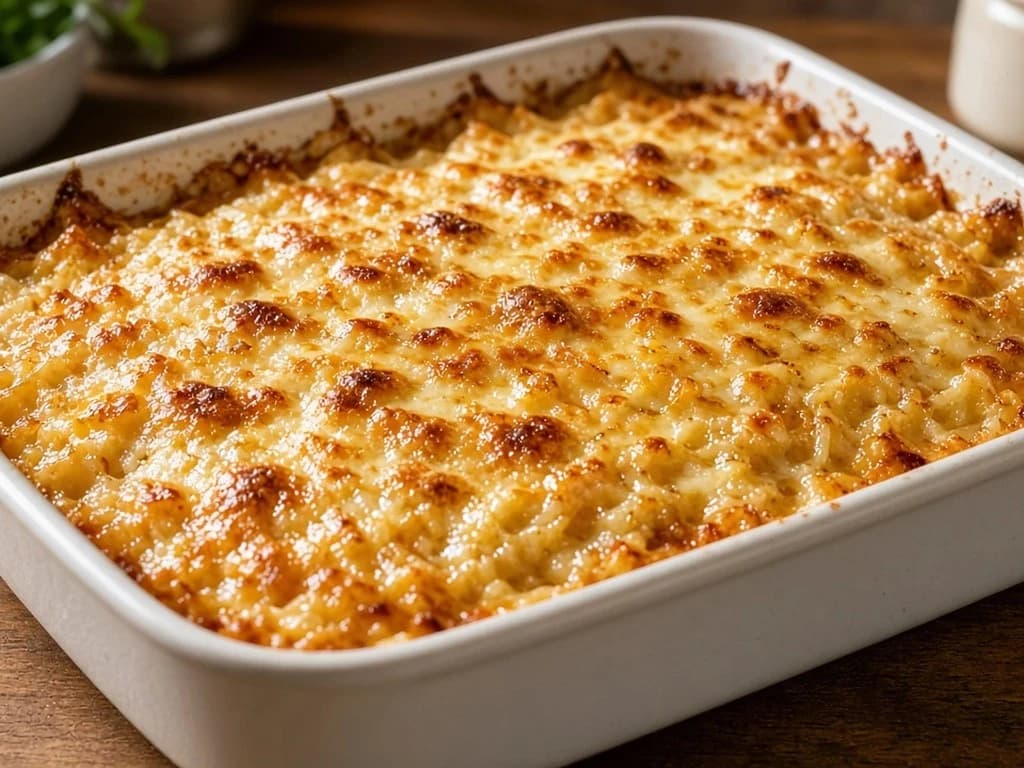 Gratin doré de riz cuit au fromage et crème
