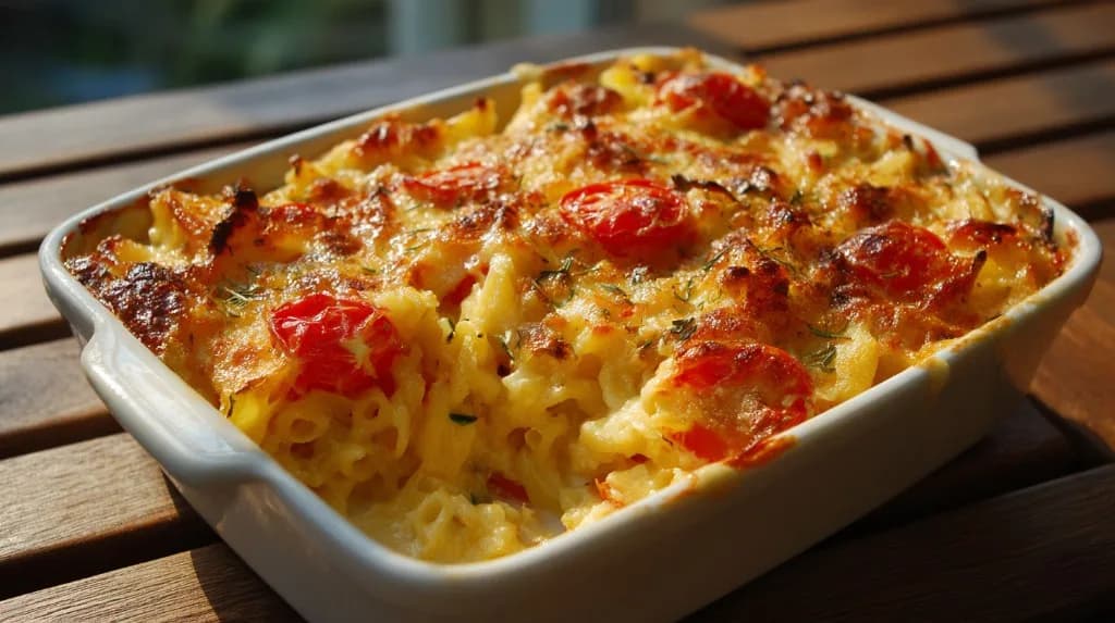 Gratin express de pâtes, courgettes et tomates