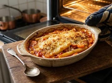 Gratin express de salsifis et carottes à la basquaise, sorti du four dans un plat ovale — anti-gaspillage | iAssiette