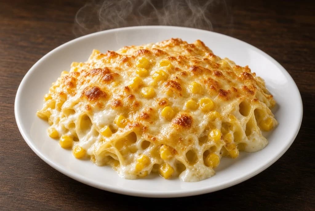 Gratin fondant de pâtes au maïs et fromage croustillant