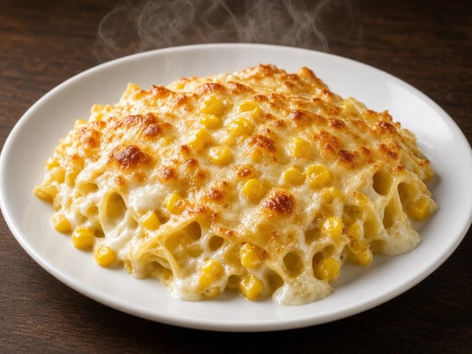 Gratin fondant de pâtes au maïs et fromage croustillant