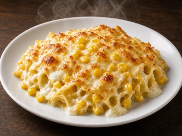 Gratin fondant de pâtes au maïs et fromage croustillant