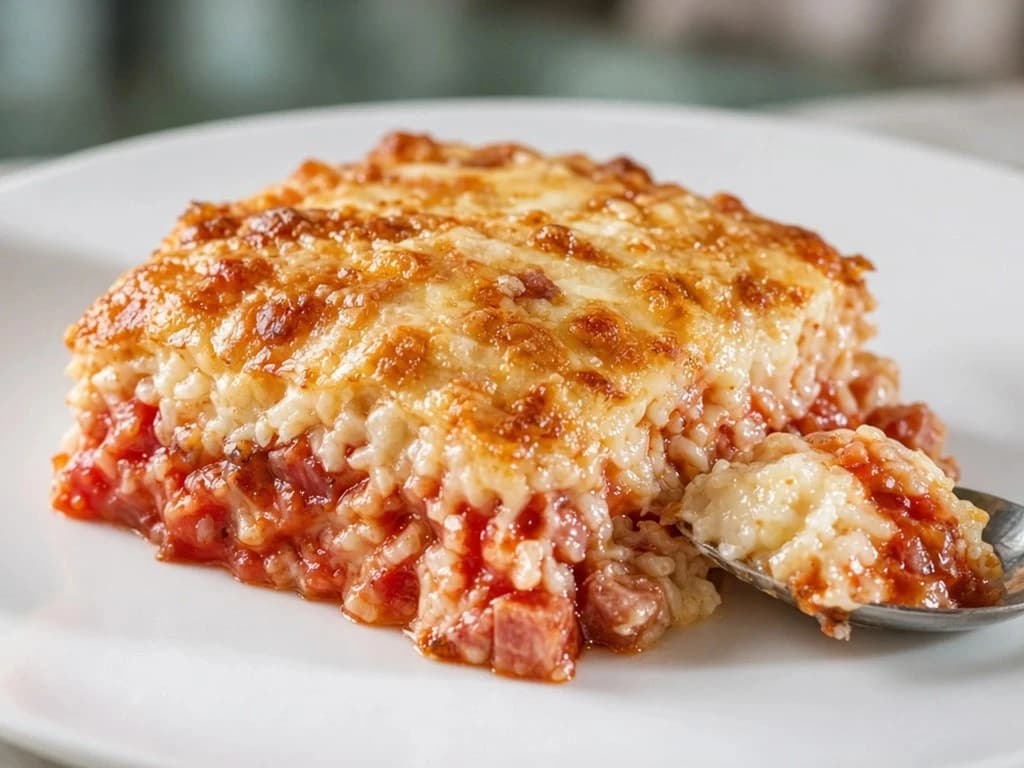 Gratin fondant de riz au coulis de tomate et lardons