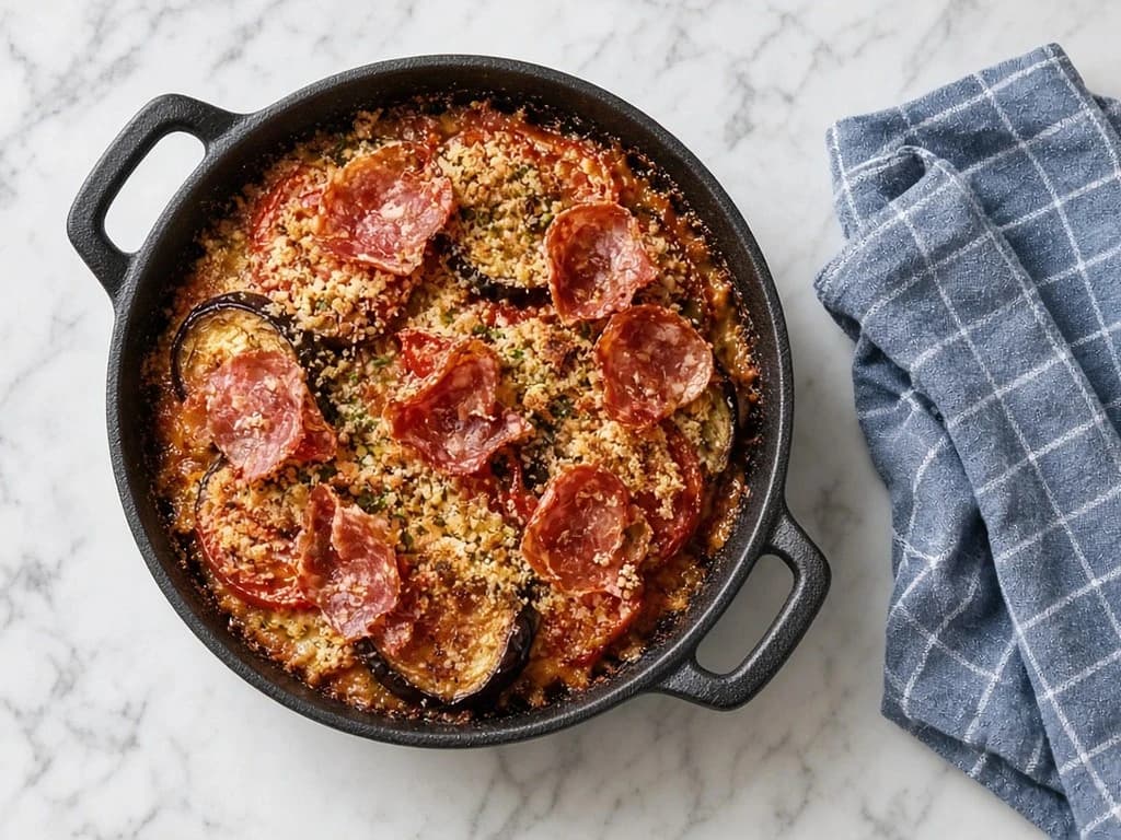 Gratin rapide d'aubergines, tomates et coppa croustillante