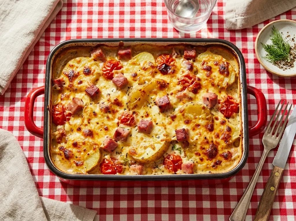 Recette Gratin rapide de pommes de terre au jambon et tomate — anti-gaspillage | iAssiette