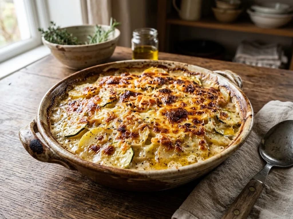 Gratin rustique de pommes de terre et courgettes, gratiné dans un plat ovale — anti-gaspillage | iAssiette
