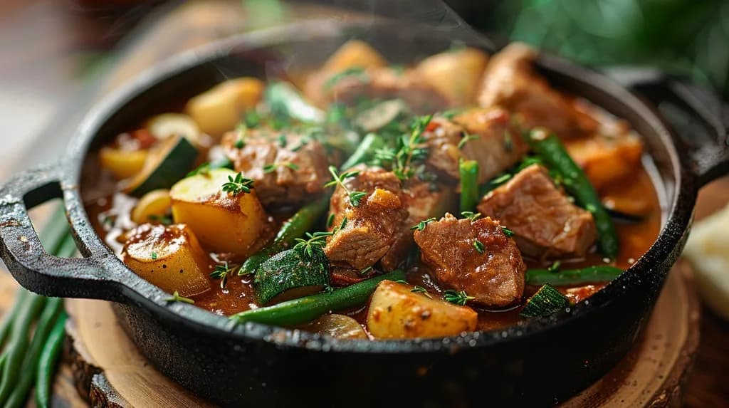 Mijoté de porc fondant aux légumes verts et pommes de terre dans une cocotte en fonte, recette anti-gaspillage iAssiette