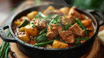 Mijoté de porc fondant aux légumes verts et pommes de terre dans une cocotte en fonte, recette anti-gaspillage iAssiette