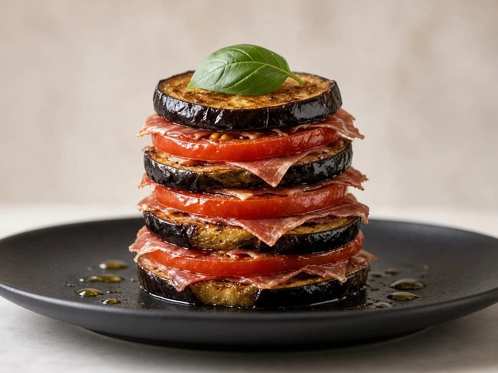 Mille-feuille d'aubergines poêlées, tomates et coppa