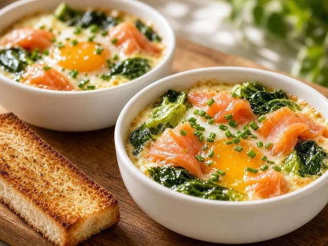 Œufs cocotte au saumon fumé sur lit de salade tombée