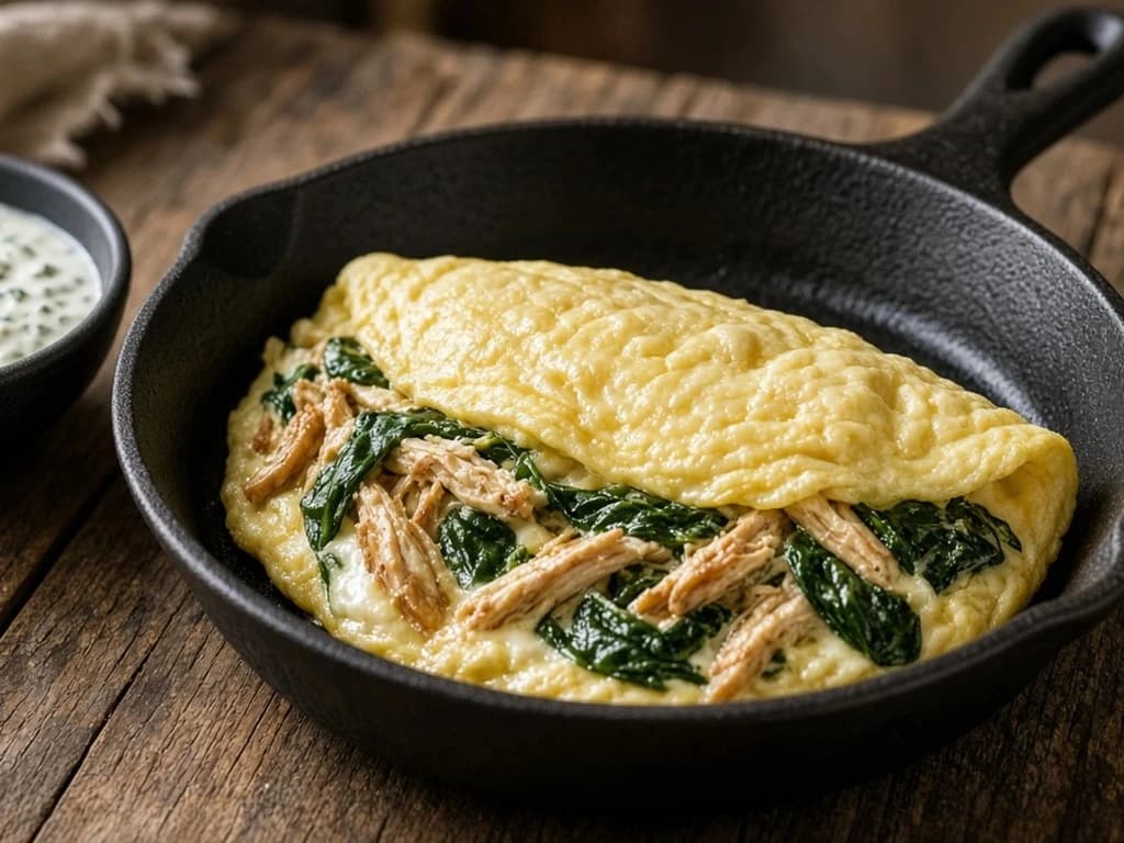 Omelette baveuse au poulet, épinards et sauce yaourt