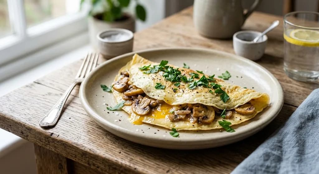 Omelette baveuse aux champignons de Paris