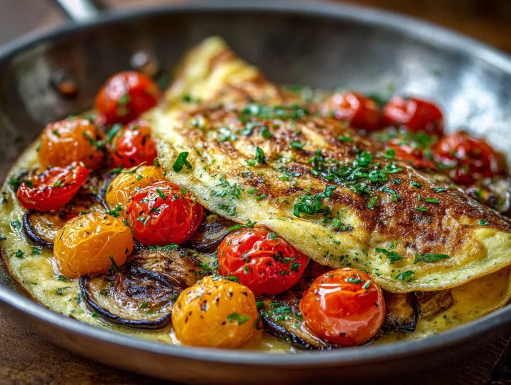 Omelette baveuse aux tomates cerises et aubergine poêlée — recette anti-gaspillage iAssiette