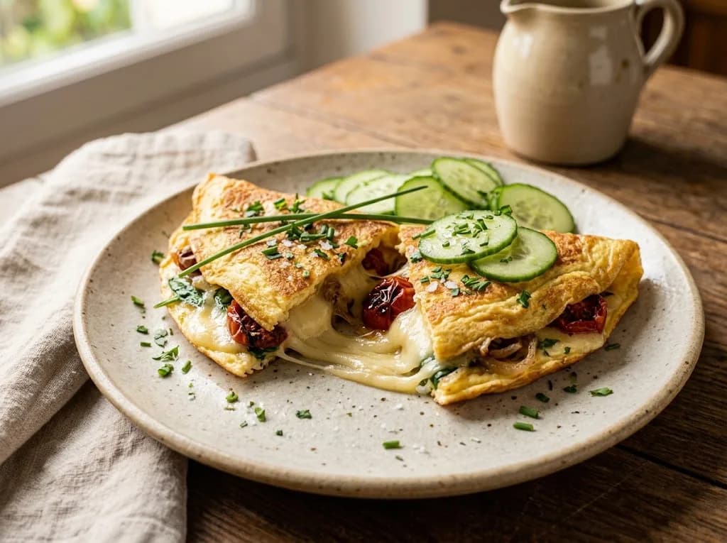 Omelette moelleuse au fromage et tomates, concombre croquant en accompagnement — anti-gaspillage | iAssiette