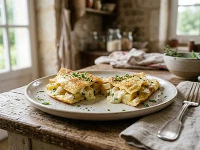 Recette Omelette moelleuse aux pommes de terre et feta — anti-gaspillage | iAssiette