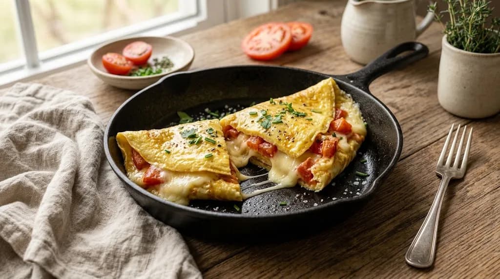 Omelette moelleuse aux tomates et fromage fondu dans une poêle en fonte