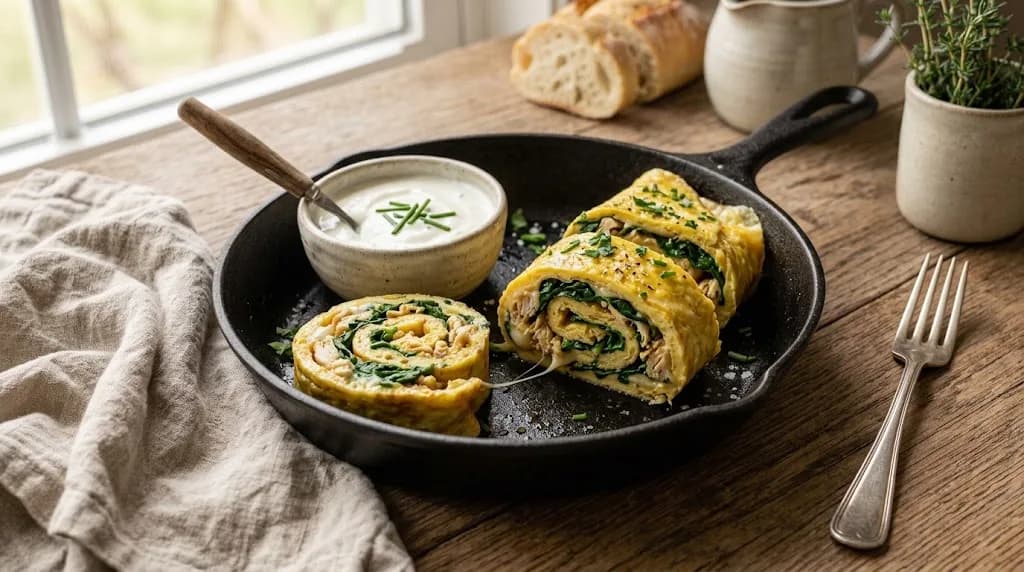 Omelette roulée aux épinards et sauce yaourt, tranchée dans une poêle en fonte