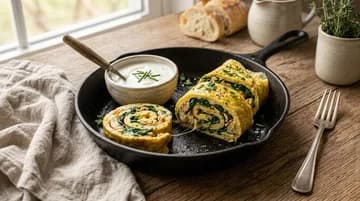 Omelette roulée aux épinards et sauce yaourt, tranchée dans une poêle en fonte