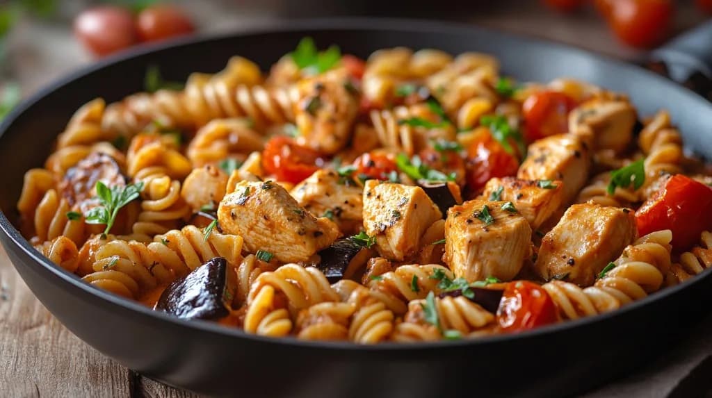 Pâtes sautées au poulet et ratatouille express