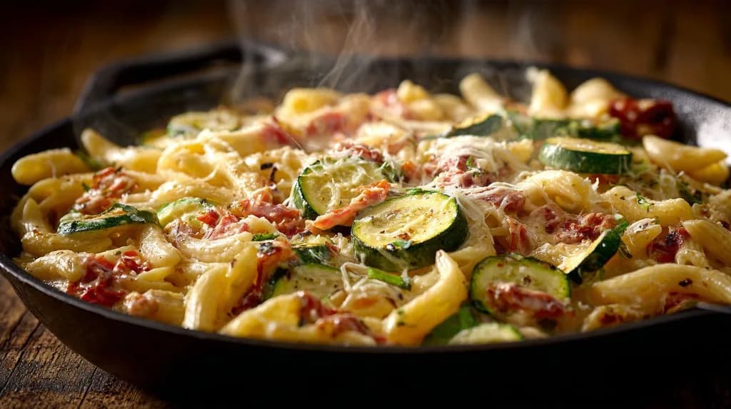 Poêlée de pâtes aux courgettes et tomates, sauce crème