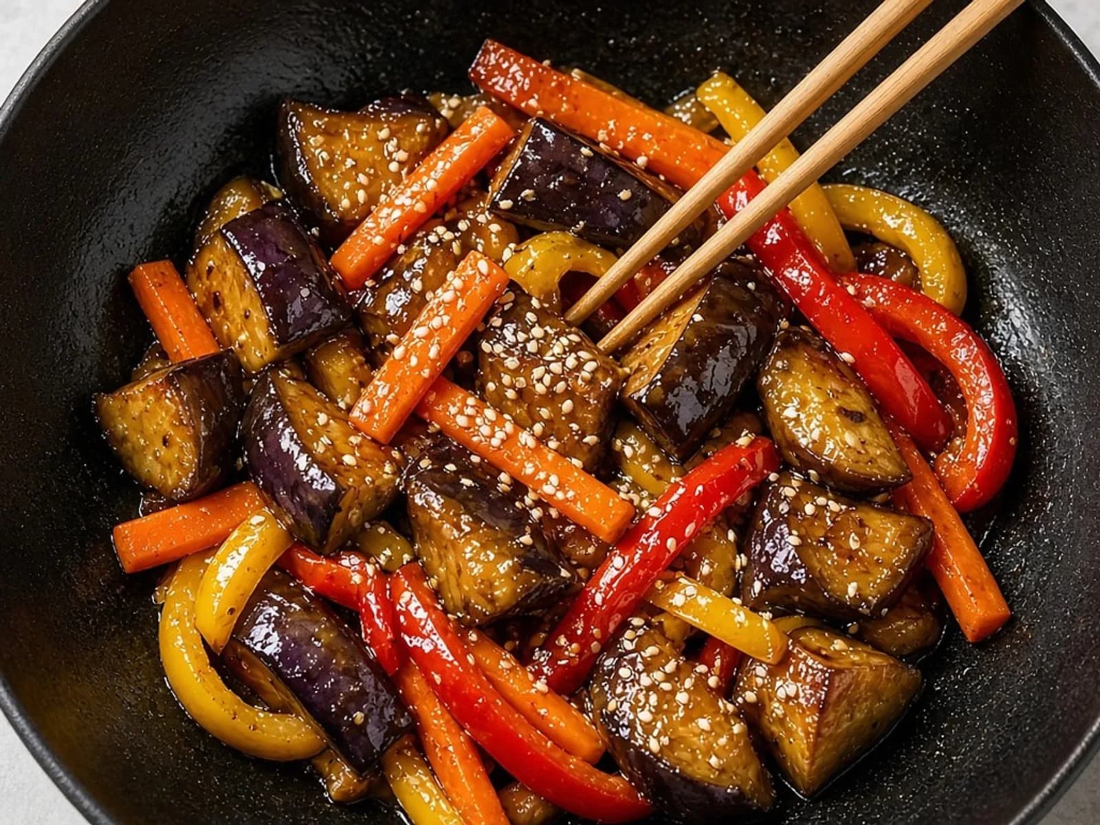 Poêlée croquante d'aubergines, carottes et poivrons