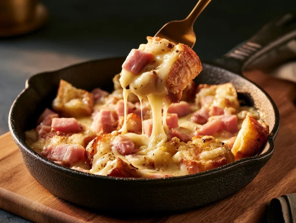 Recette Poêlée croustillante de pain doré au jambon et fromage fondu — anti-gaspillage | iAssiette