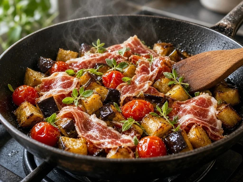 Poêlée d'aubergines sautées à la coppa et tomates