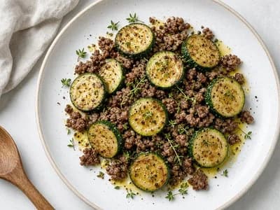 Poêlée express de courgettes et viande hachée en assiette