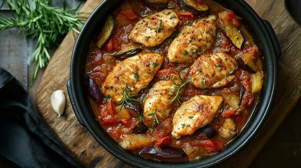 Poêlée fondante de poulet, aubergines et tomates à la casserole
