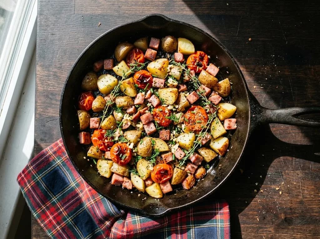 Recette Poêlée paysanne de pommes de terre, jambon et tomates poêlées — anti-gaspillage | iAssiette