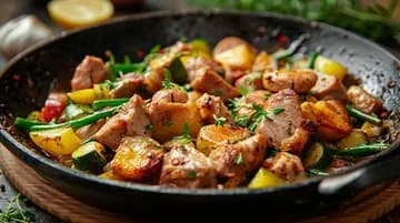 Poêlée paysanne de porc et légumes sautés avec restes de rôti, dans une poêle antiadhésive — anti-gaspillage iAssiette