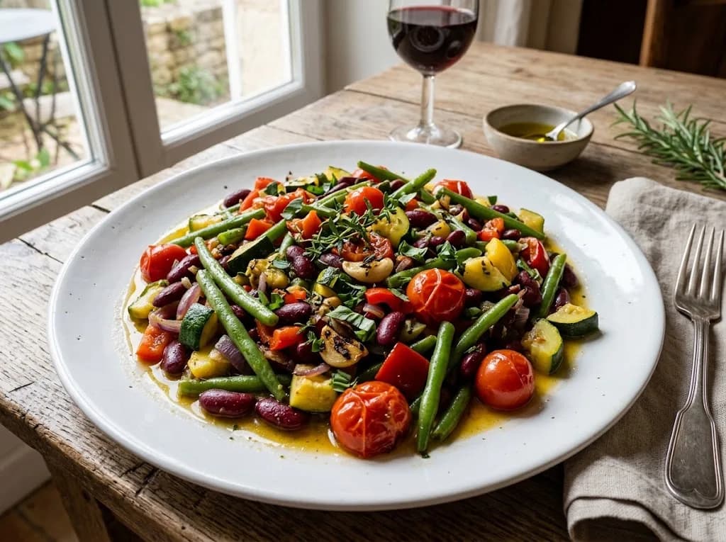Poêlée provençale aux haricots et légumes d'été dans une assiette blanche — anti-gaspillage | iAssiette