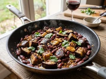 Poêlée sautée d'aubergines et haricots à l'ail dans une poêle — anti-gaspillage | iAssiette